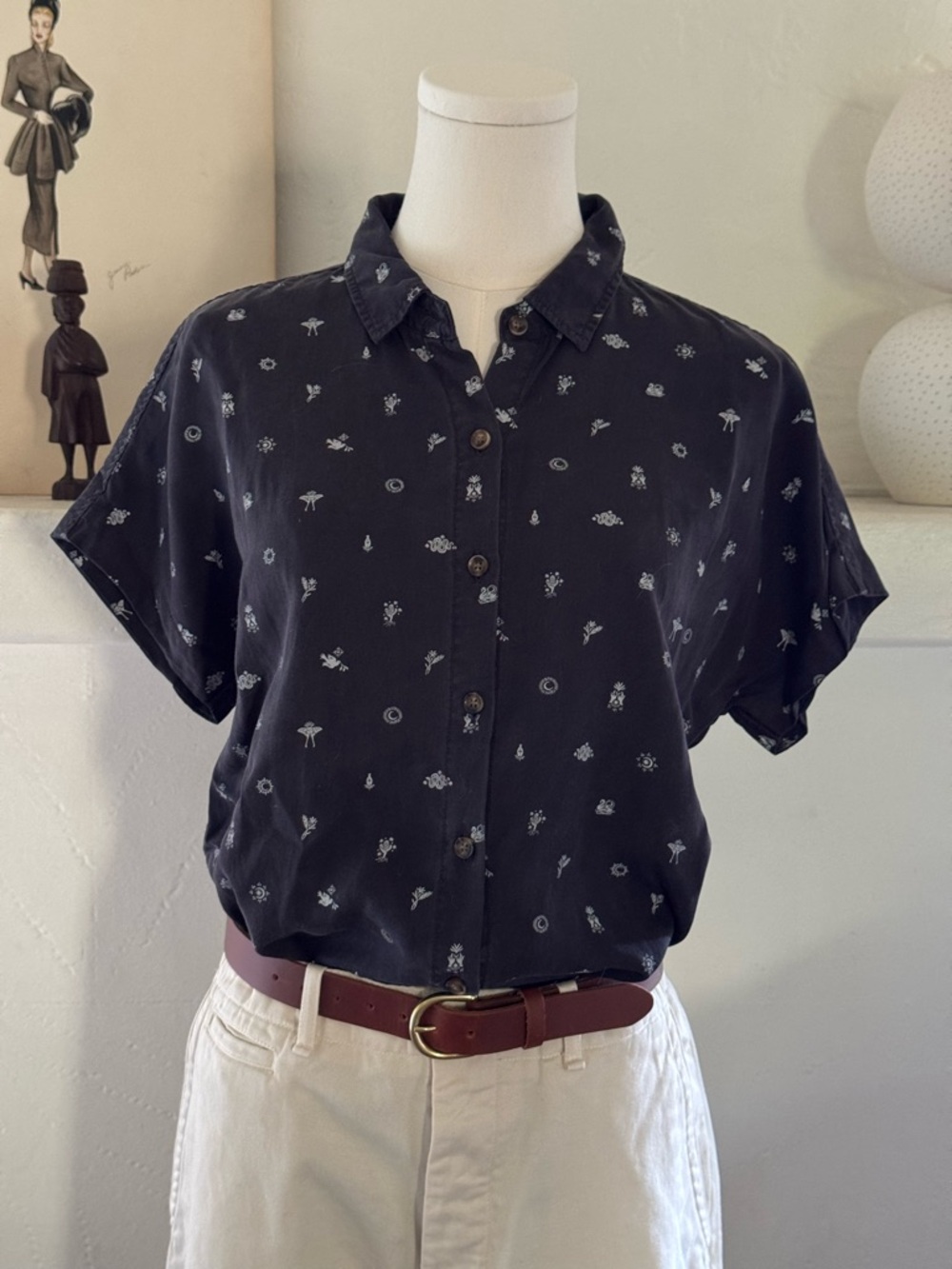 Marine Layer Lyocell Button Down Blouse Navy Micro Print Dolman Sleeve Small